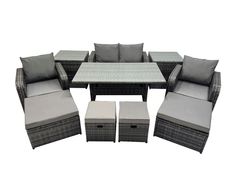Fimous 8 Seat Outdoor Wicker PE Rattan Garden Furniture Set Dining Table Sofa Sets with 4 Stools 2 Side Table Dark Grey Mixed
