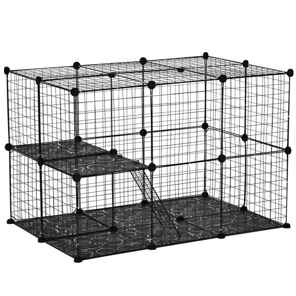 Black wire pet playpen enclosure with stacked platforms, two ramps, and multiple doors