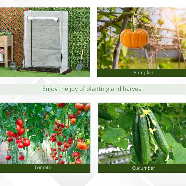 Small white PE greenhouse with roll-up door and support frame outdoors