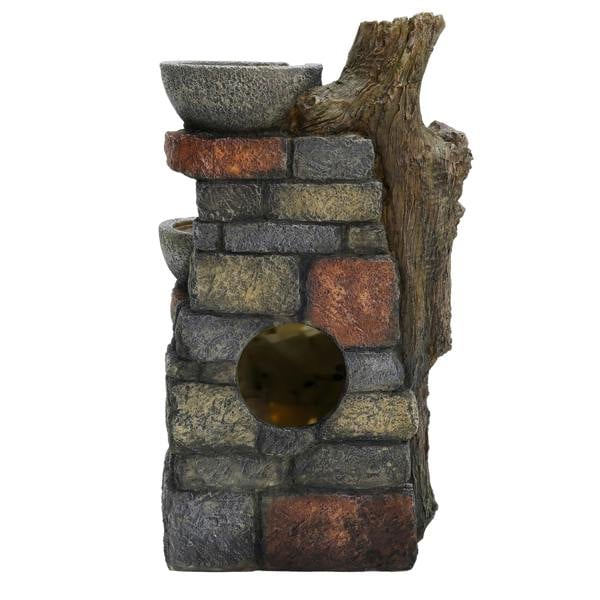 Rustic electric water feature with textured stone finish, featuring three tiered bowls and a natural wood accent for a serene ambiance