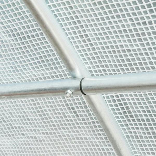 White mesh greenhouse cover close-up secured around a metal support rod