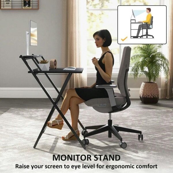 70 cm Folding Computer Desk with Monitor Shelf - Black