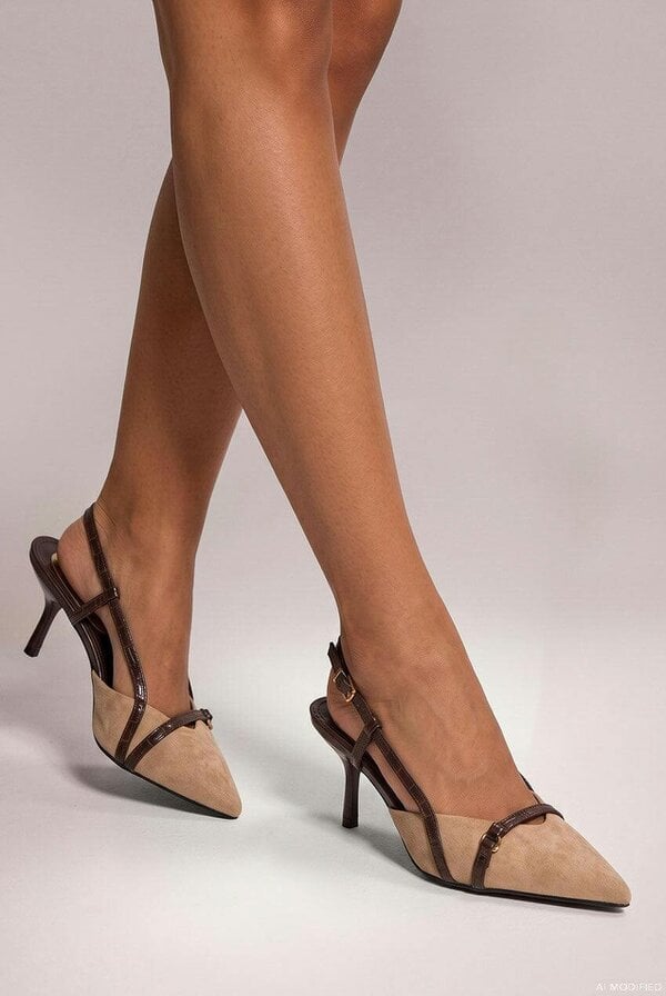 Goddiva Pointed Slingback Heels With Croc-Style Straps - Beige by Goddiva