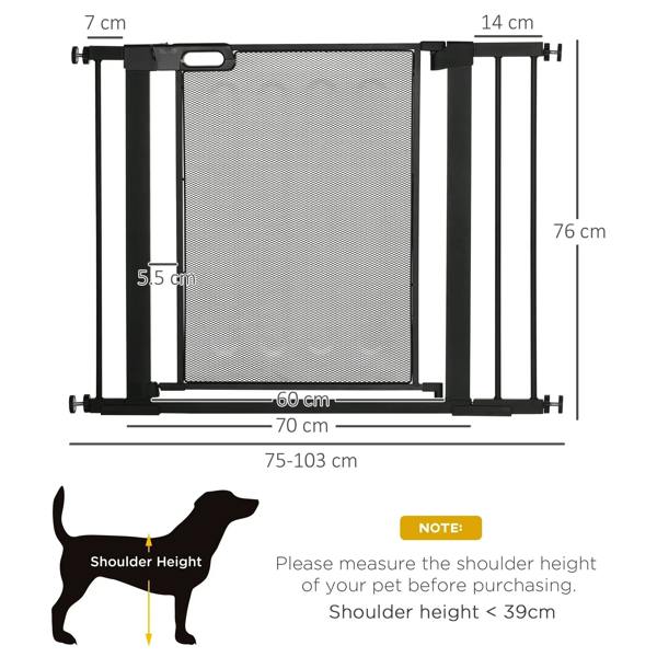 Black pressure-fit safety gate dimensions for width and mesh panel height