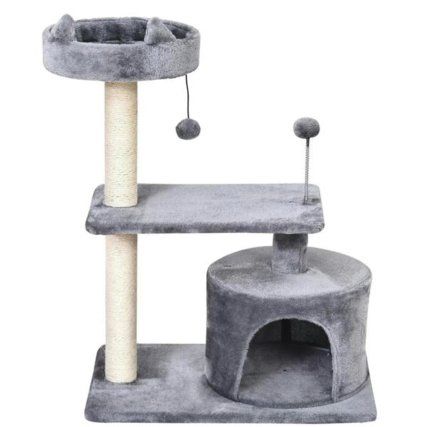 Grey cat tree tower with top round bed, side hanging ball toy, and lower enclosed condo