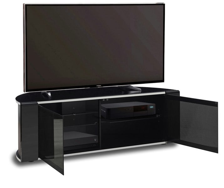MDA Designs Sirius 1200 Remote Friendly Beam Thru Glass Door Gloss Black with Black Front Profiles up to 55" LCD/Plasma/LED Cabinet TV Stand