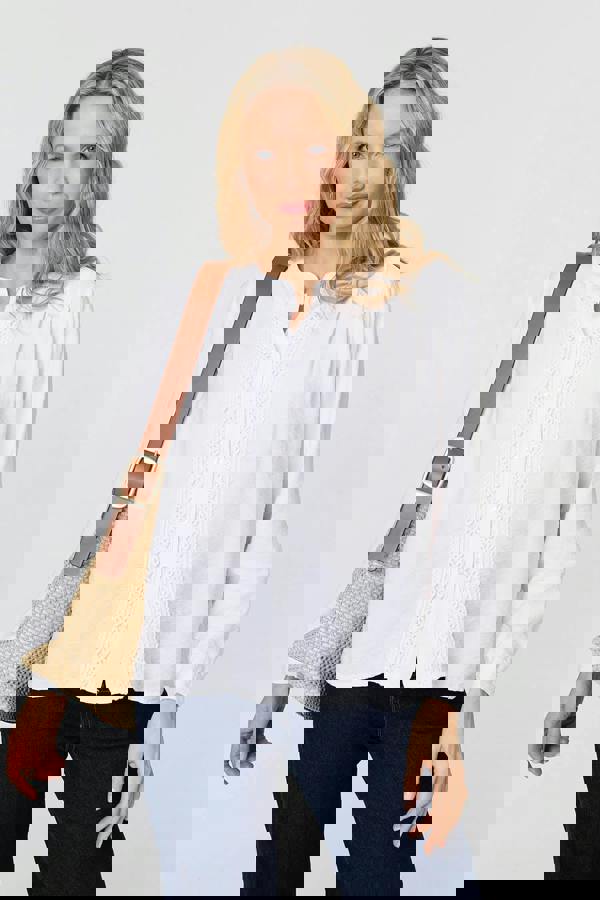 White | Lace Trim Long Sleeve Relaxed Blouse