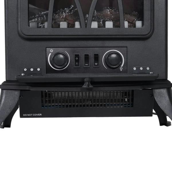 Black electric fireplace heater lower front with two control knobs and air vent