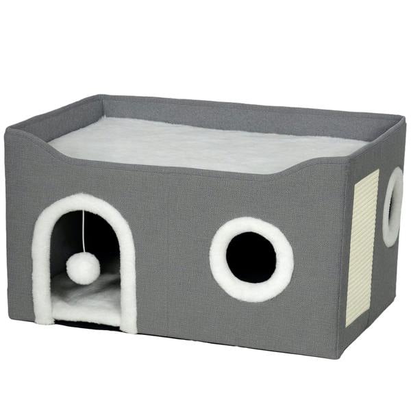 Grey foldable cat house bed with tunnel door, fluffy ball, and circular front window