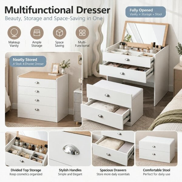 HOMEWEDO  Dressing Table with Mirror and Stool, White Vanity Table with Flip Top Mirror, W75 x D60 x H80 CM