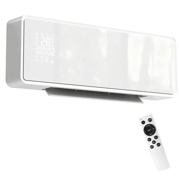 White wall-mounted ceramic electric heater with fan and adjustable thermostat; includes remote