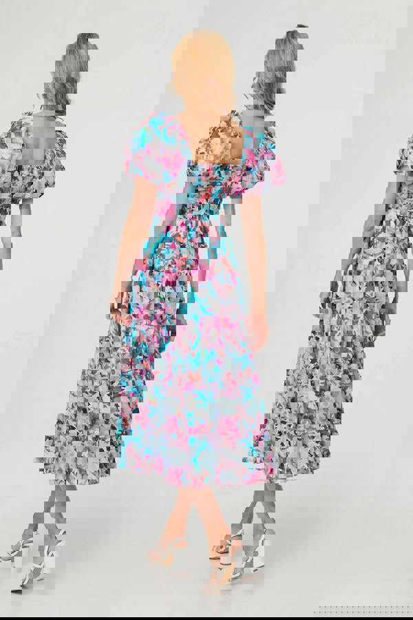 Pink | Abstract Puff Sleeve Shirred Midi Dress