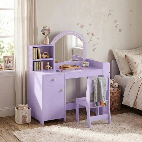 Kids Vanity Table and Chair Set, Kids Vanity Table with 2-Colour LED Mirror, Stool, Cabinet, Drawer, Shelves, Purple