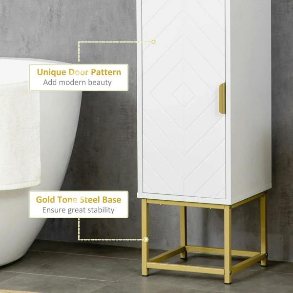 White bathroom cabinet with geometric door panel and gold-tone steel legs
