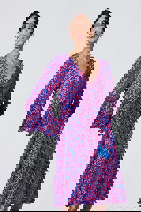 Pink | Paisley Tassel V-Neck Knee Length Dress : Model is 5'8"/172 cm and wears UK8/EU36/US4/AUS8
