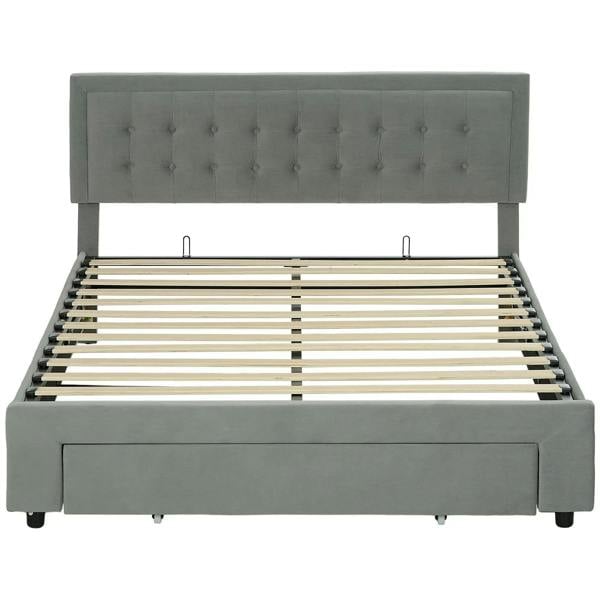 Grey ottoman bed frame with tufted headboard and slatted base