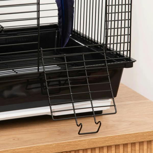 Black metal bird cage base with wire tray support and hook handle