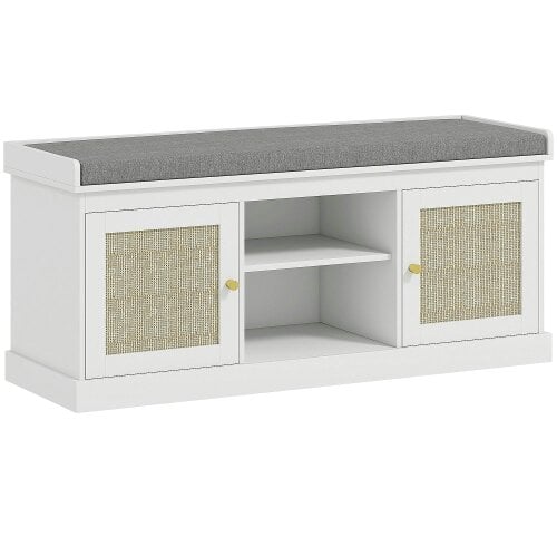 Wyld Haus Bafisa Wooden White Boho Shoe Bench With Cushioned Seat And Rattan Doors