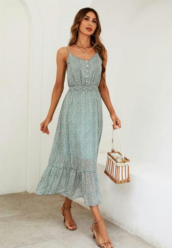 FS Collection Leopard Print Button Detail Strappy Maxi Dress In Green