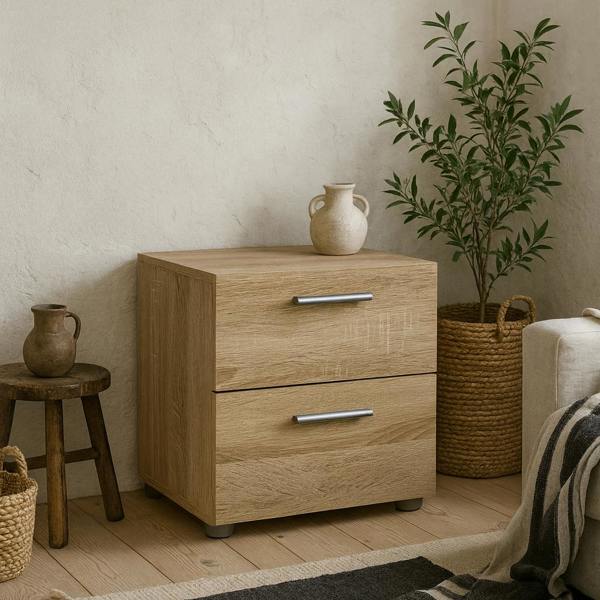 Wyld Haus Daejeon Natural Oak Effect Wood Bedside Table 2 Drawers