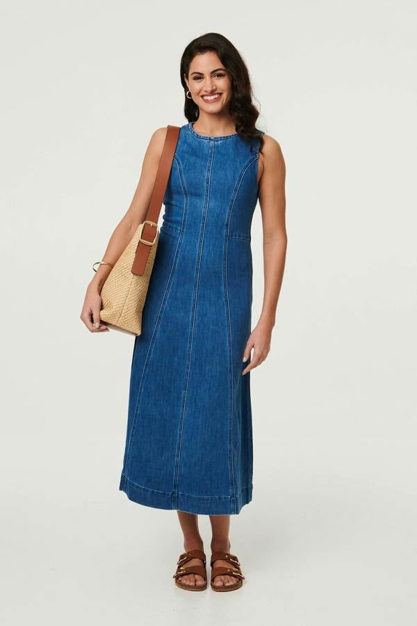 Light Blue | Denim Stitch Detail Fitted Midi Dress