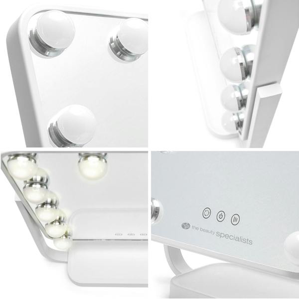 collage of close up shots of hollywood glamour dressing table mirror including LED light bulbs dressing table stand illuminated LED bulbs and touch sensor controls