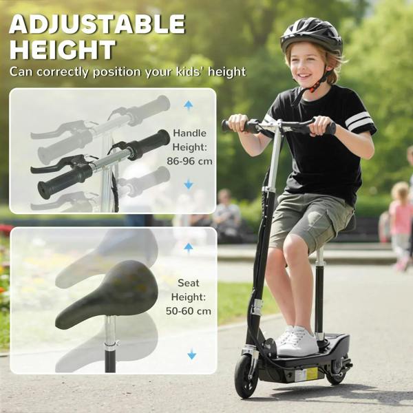 Black e-scooter with adjustable handlebar height and seat height.