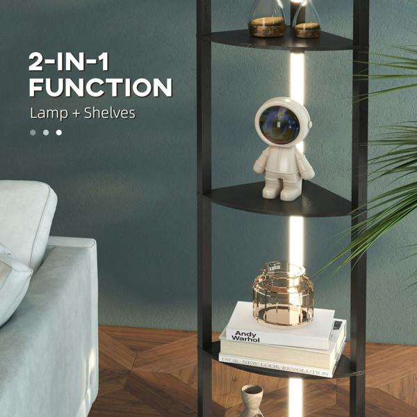 Black 2-in-1 floor lamp with built-in shelves and warm LED glow in a tall column