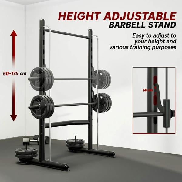 Height-adjustable black barbell stand with pull-up bar and tiered steel supports