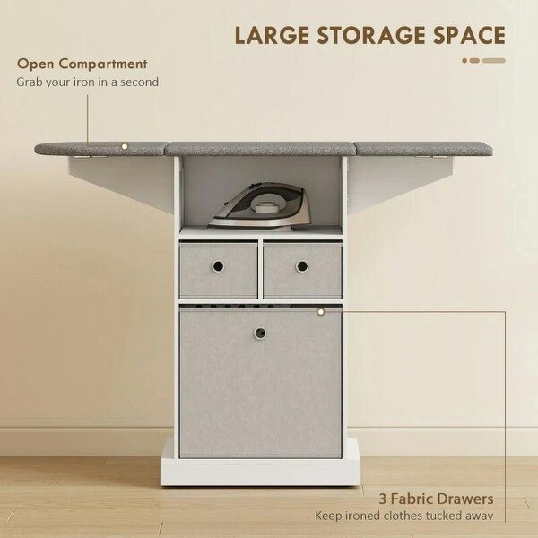 Ironing Board Cabinet on Wheels with Ironable and Foldable Top, Mobile Storage Cabinet with Ironing Board, White