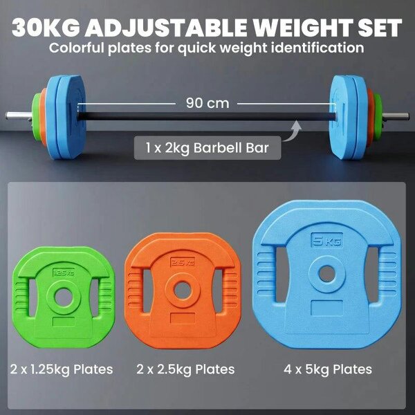 30 kg Adjustable Barbell Weights Set, Barbell Bar with Weight Plates, Non-slip Handle, Multicolour