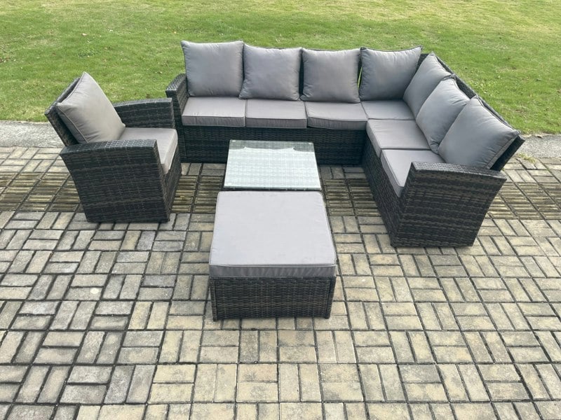 Fimous 8 Seat Rattan Garden Furniture Corner Sofa Set Outdoor Patio Sofa Chair Table Set with Big Footstool Dark Grey Mixed