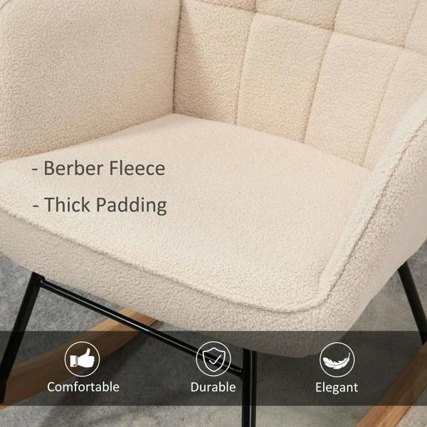 Beige fleece upholstered nursery glider rocker with thick padded seat cushion