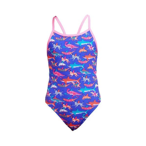 Funkita girls doggie paddle single strap swimsuit with colorful dinosaur print
