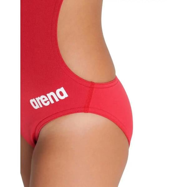 Red Arena girls team solid swimsuit with white logo cutout