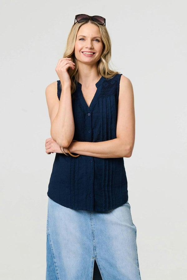 Blue | Lace Trim Sleeveless V-Neck Blouse

