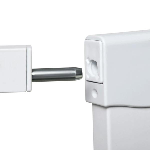 White pet safety gate connector joint with metal rod between posts