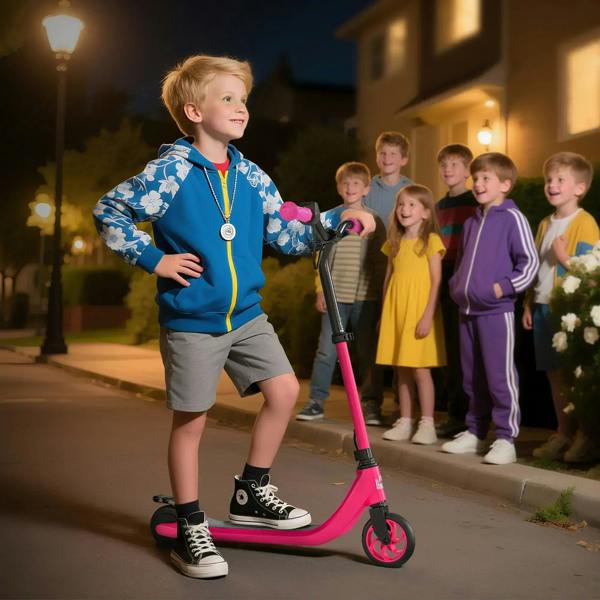 Pink electric scooter with black handlebar grips and foot deck, child riding