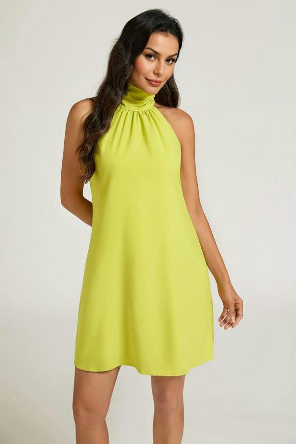 FS Collection Halter Neck Tie Back Mini Dress In Lime