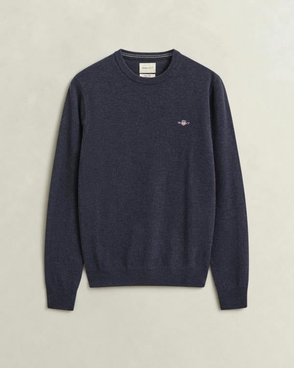 GANT Mens Superfine Lambswool Crew Neck Sweater - 480 Dark Navy Melange | CHO | Designer Mens Crew Neck Jumpers