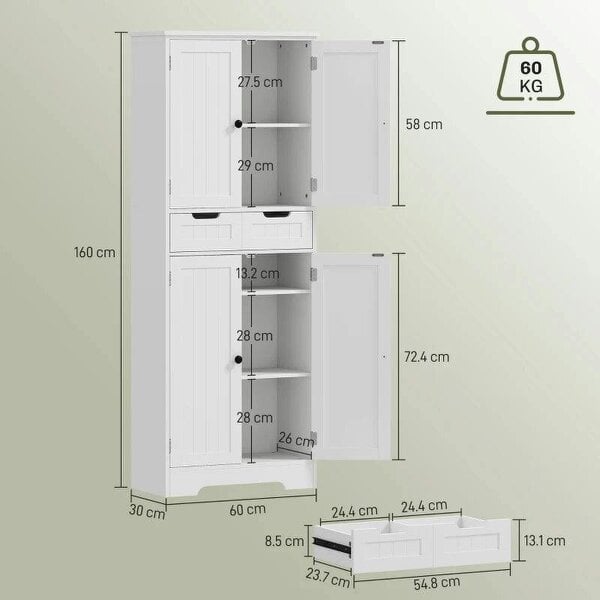Tall Bathroom Cabinet, Freestanding Bathroom Storage Cabinet with Drawer, Shelves and Doors, 60 x 30 x 160 cm, White