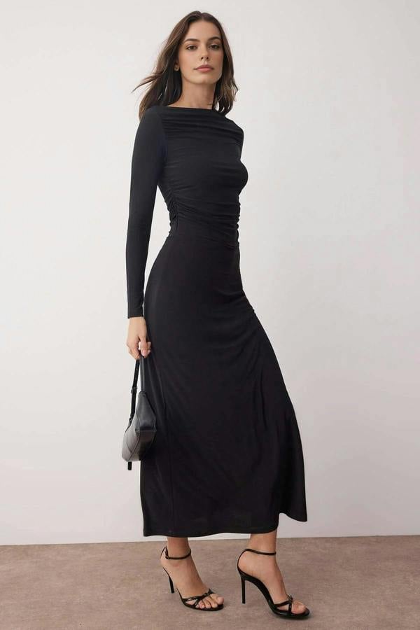 WOVCOR Gathered Detail Stretchy Midi Knit Dress