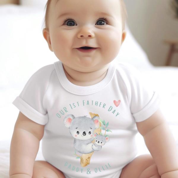 Personalised 1st Fathers Day Koala Babygrow | Name Vest or Bib UK
