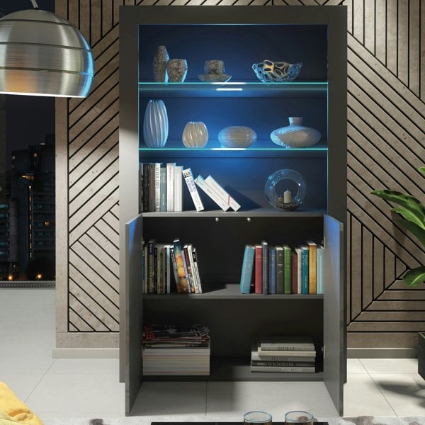 Mex Furniture Tall Display Cabinet 170cm Grey Gloss Doors – Free LED Lights