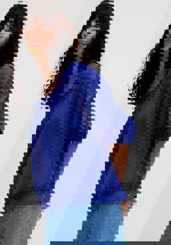 Rhea Square Neck Embroidered Blouse In Blue