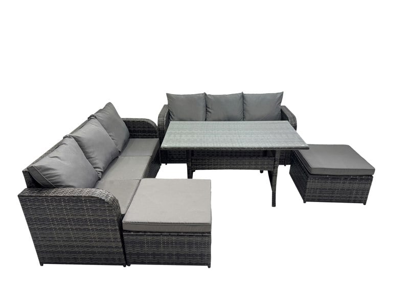 Fimous 8 Seat Outdoor Wicker PE Rattan Garden Furniture Sets Dining Table Sofa Set with 2 Big Stools Dark Grey Mixed