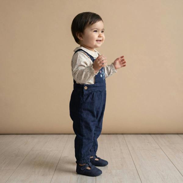 Mini Cuddles Baby Girls Floral Print Top and Embroidered Dungaree Set, Beige and Dark Blue