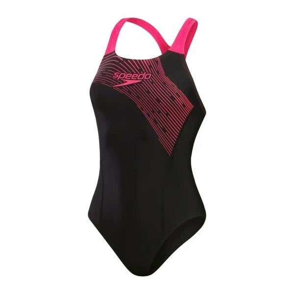 Black and pink Speedo medley logo medalist swimsuit with geometric pattern