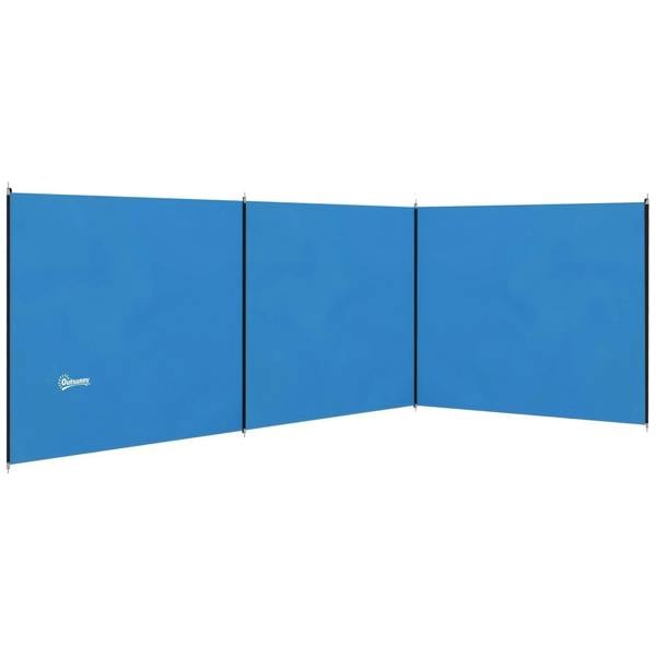 Blue camping windbreak in U-shape with four fabric panels and steel poles