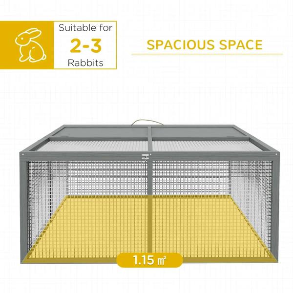 Grey folding rabbit hutch with wire mesh sides and built-in ramp panel, front view